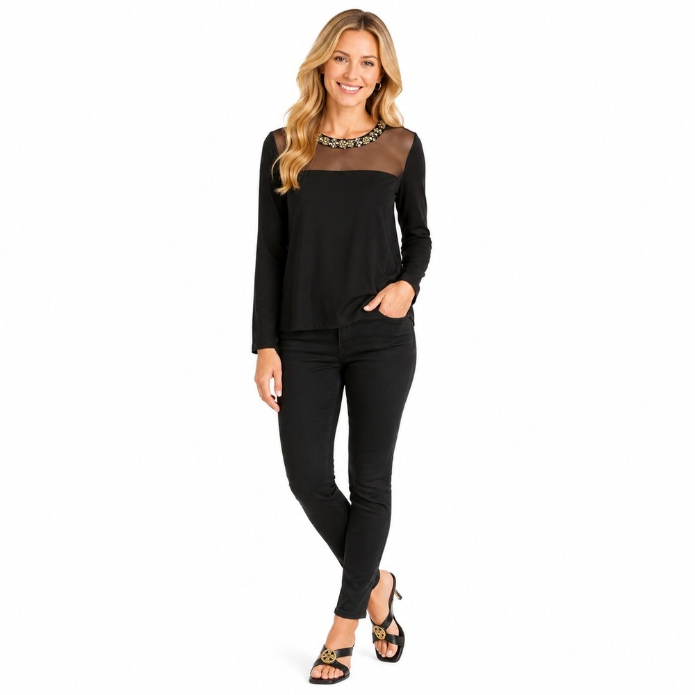 Bailey‎ 44 Women XS Cynthia Top Black Sheer Neckline Gold Jeweled Stretch NWT
